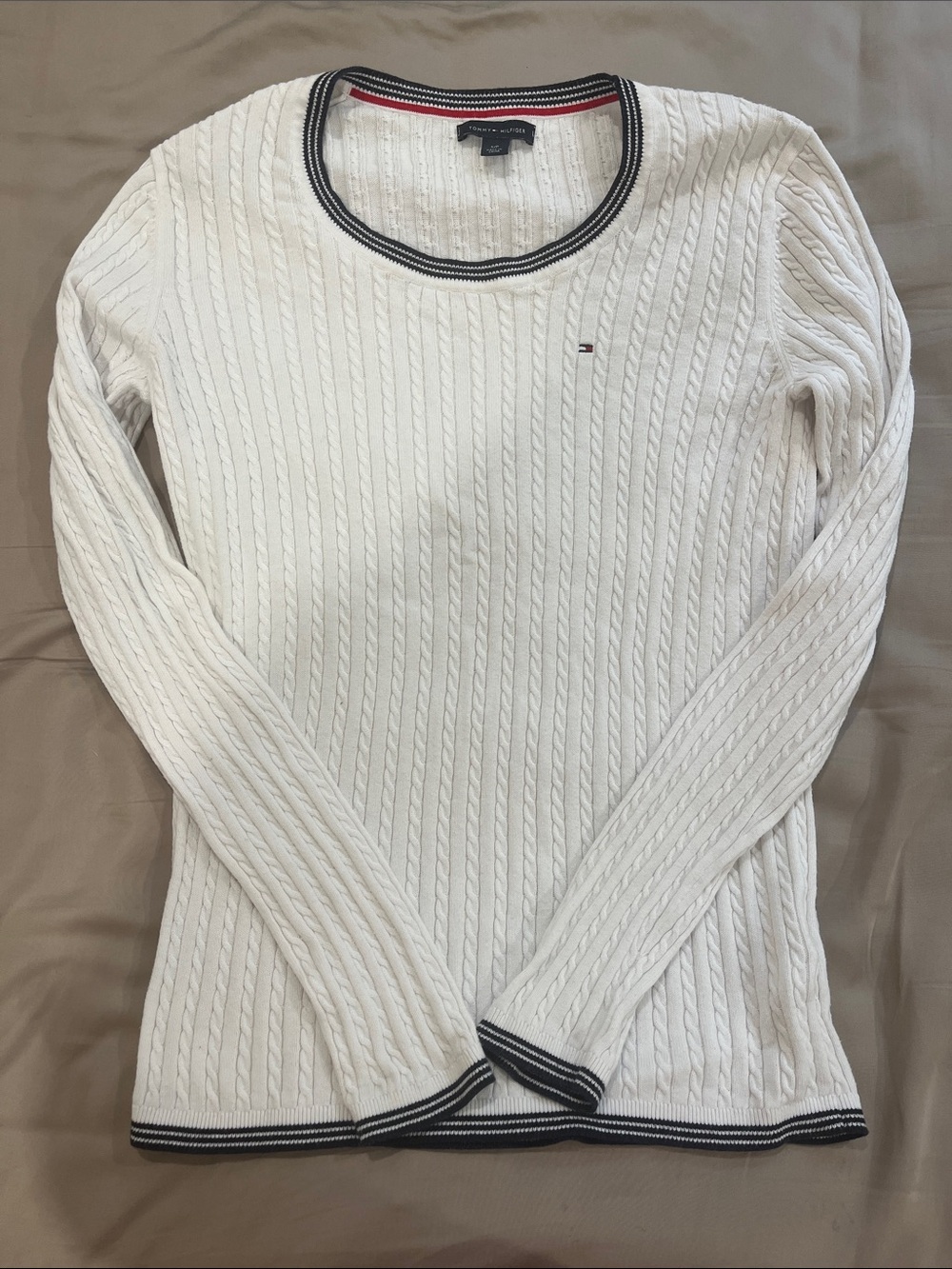 Tommy Hilfiger White Cable Knit Sweater with Navy Trim